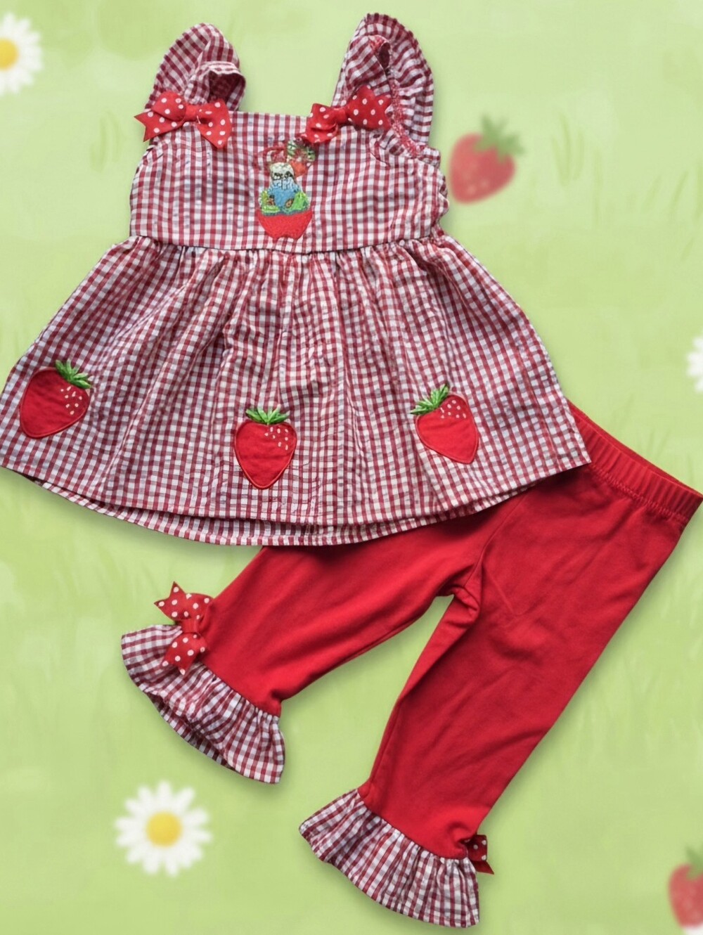 Upcycled Rare Editions 2T Strawberry Gingham Red Ruffle Top & Pants Outfit